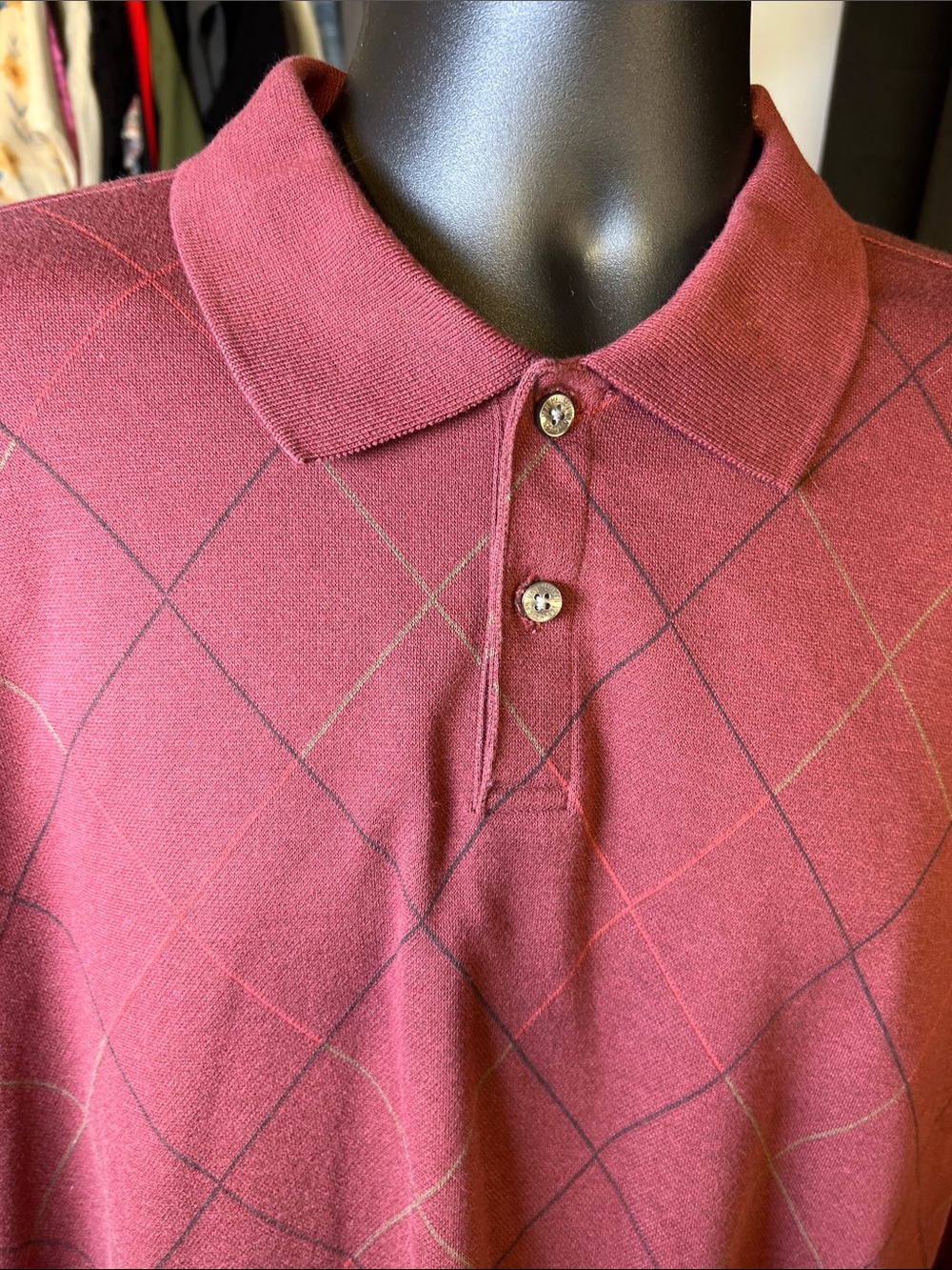 Van Heusen Maroon Long-Sleeve Polo with Subtle Argyle Lines - Picture 2 of 7
